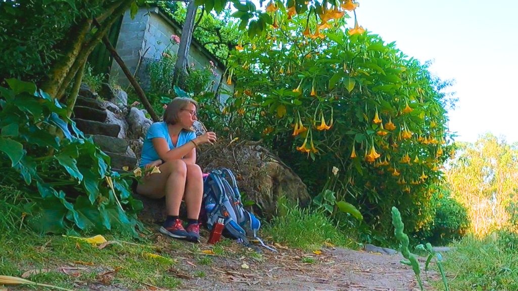 Jennifer Alka macht Matepause auf einer Steintreppe unter blühenden Engelstrompeten auf dem Camino Portugues Central