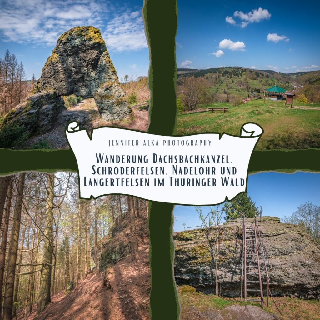 Dieses Bild zeigt 4 Einzelbilder von meiner Wanderung im Thüringer Wald. Bild 1 das Nadelöhr in der Gießübler Schweiz. Bild 2 das Löffelberghüttchen bei Gießübel. Bild 3 den Wald bei Masserberg. Bild 4 den Aussichtspunkt Langertfelsen