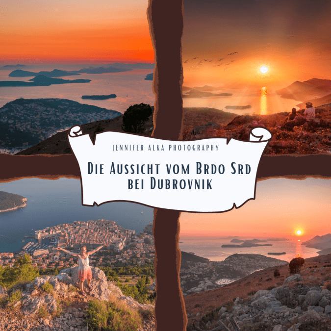 Dieses Coverbild zeigt vier Bilder mit der Aussicht vom Brdo Srd. Auf den Bilder siehst du die Aussicht auf Dubrovnik und die Aussicht auf die verschiedenen Inseln. Die meisten Bilder zeigen den Sonnenuntergang.