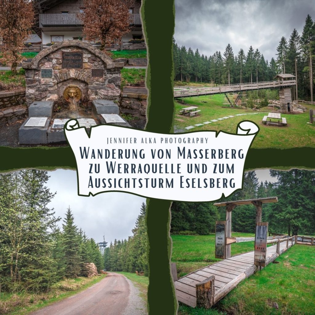 Dieses Bild zeigt 4 Einzelbilder von meiner Wanderung von Masserberg zur Werraquelle und zum Aussichtsturm Eselsberg. Bild 1 die Werra-Quelle. Bild 2 Aussichtspunk an der Werraquelle. Bild 3 Aussichtsturm Eselsberg. Bild 4 ein Denkmal zum Baum