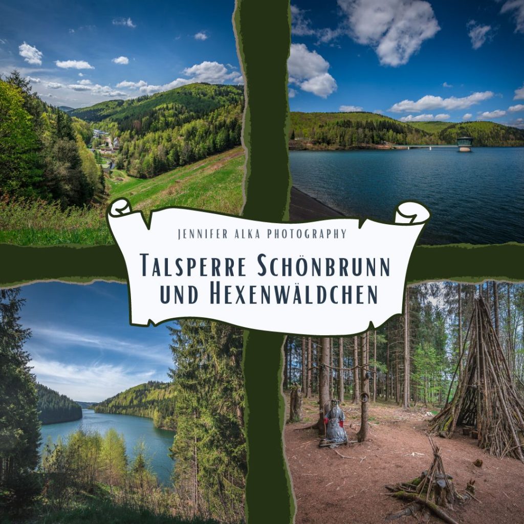 Dieses Bild zeigt 4 Einzelbilder meiner Wanderung zur Talsperre Schönbrunn und zum Hexenwäldchen im Thüringer Wald. Bild 1 Blick vom Staudamm nach Schönbrunn. Bild 2 Talsperre Schönbrunn mit Rohwasserentnahmeturm. Bild 3 Aussicht auf den Stausee. Bild 4 Hexenwäldchen bei Neustadt am Rennsteig