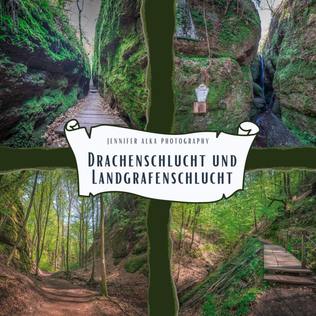 Dieses Bild zeigt 4 Einzelbilder von meiner Wanderung durch die Drachenschlucht und Landgrafenschlucht bei Eisenach. Bild 1 Weg durch die enge Felsspalte in der Drachenschlucht. Bild 2 Wasserfall in der Drachenschlucht. Bild 3 hohe Felswände in der Landgrafenschlucht. Bild 4 Wanderweg durch dir Landgrafenschlucht