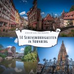Dieses Bild zeigt 4 Einzelbilder von Sehenswürdigkeiten in der Altstadt von Nürnberg. Bild 1 Weißgerbergasse. Bild 2 Fachwerkhäuser auf dem Weg zur Kaiserburg. Bild 3 der Henkersteg. Bild 4 der Schöne Brunnen.