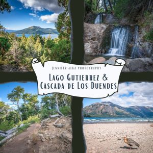 Dieses Bild ist das Cover für meinen Blogbeirag über den Lago Gutierrez und den Cascada de los Duendes. Es zeigt 4 Einzelbilder. Bild 1. Die Aussicht vom Mirador Lago Gutierrez. Bild 2 der Wasserfall Cascada de los Duendes bei Bariloche. Bild 3 Der Wanderweg zum Aussichtspunkt. Bild 4 der See Lago Gutierrez