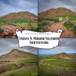 Collage aus vier Bildern von der Montana Tindaya und dem Mirador Vallebron mit grüner Landschaft auf Fuerteventura
