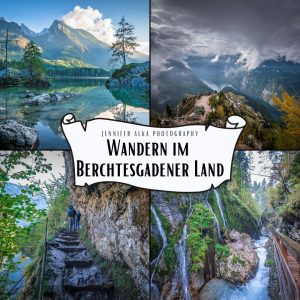 Dies ist das Coverbild für meinen Blogbeitag: Wandern Berchtesgaden: Die schönsten leichten Touren im Berchtesgadener Land Es zeigt den Hintersee und die Wimbachklamm bei Ramsau, den Weg um den Obersee am Königssee und und die Aussicht vom Jenner auf den Königssee und den Watzmann