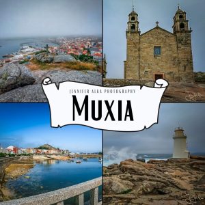 Collage mit Blick auf Muxía an der Costa da Morte: Hafen, Kirche Santa María, Leuchtturm Faro de Muxía und Aussicht über die Stadt bei Nebel.