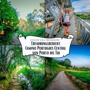 Pilgerin Jennifer Alka auf dem Jakobsweg Portugal mit Bildern von grüner Landschaft und beim freudigen Grenzübertritt von Portugal nach Spanien auf dem Camino Portugués Central