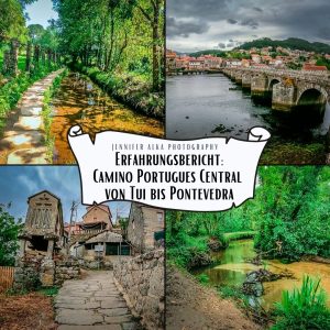 Collage vom Camino Portugues Central zwischen Tui und Pontevedra mit grünen Waldwegen, Bachläufen, einer Steinbrücke und galicischer Architektur auf dem Jakobsweg in Spanien.