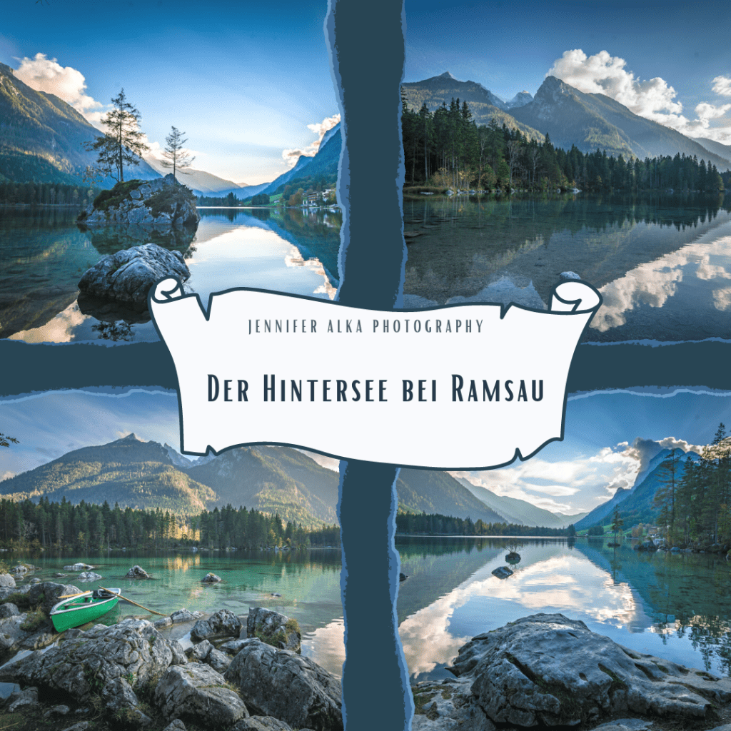 Dieses Bild zeigt 4 Einzelaufnahmen von meiner Wanderung um den Hintersee bei Ramsau. Bild 1 Felsblöcke mit Bäumen bewachsen ragen aus dem See, die Lanschaft spiegelt sich im Hintersee. Bild 2 Spiegelung des Bergpanoramas im See. Bild 3 am Ufer sind viele Felsen im Wasser und dazwischen befindet sich ein Ruderboot. Bild 4 Spiegelungen im Hintersee Sehenswürdigkeiten Berchtesgaden