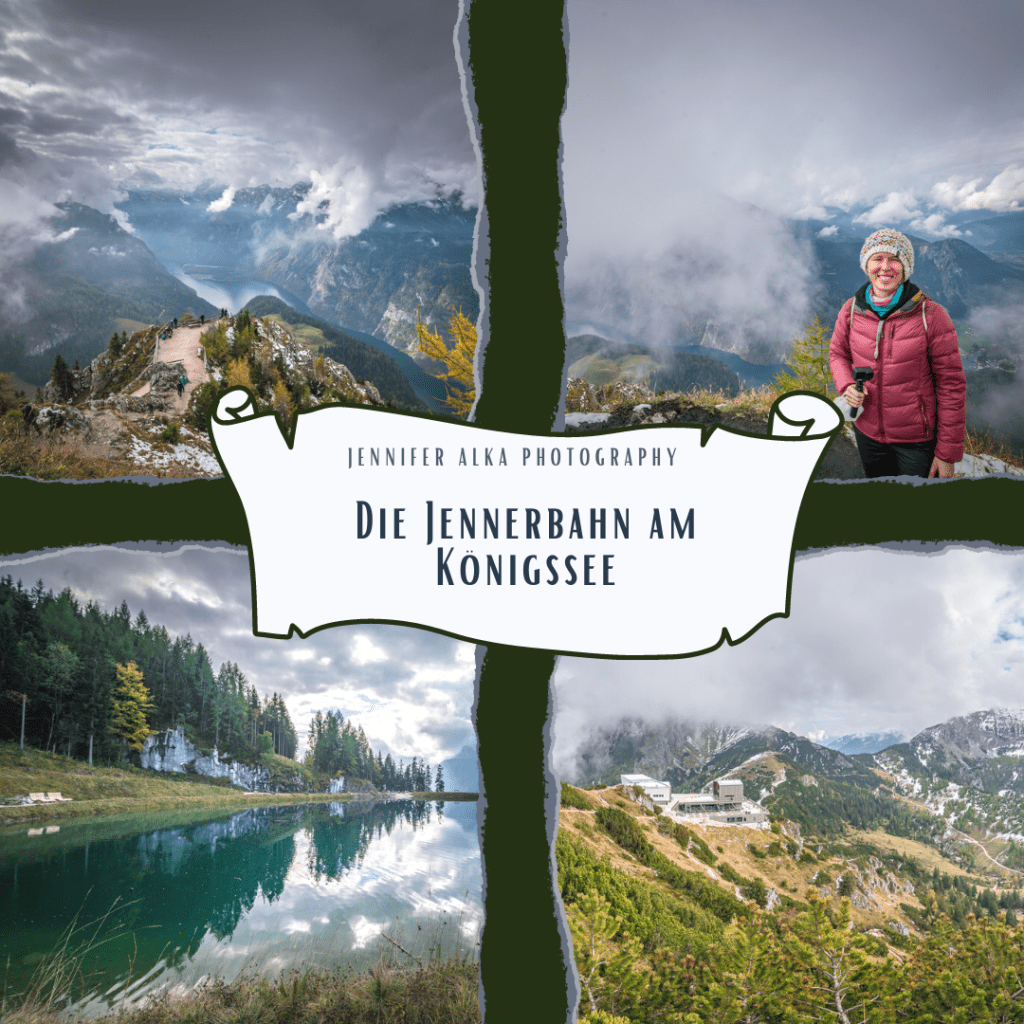 Dieses Bild zeigt 4 Einzelbilder von meinem Ausflug auf den Jenner. Bild 1 die Aussicht vom Jenner. Bild 2 ich stehe am Gipfel. Bild 3 der Speicherteich an der Mittelstation vom Jenner. Bild 4 das Bergpanorama - Wandern Berchtesgaden