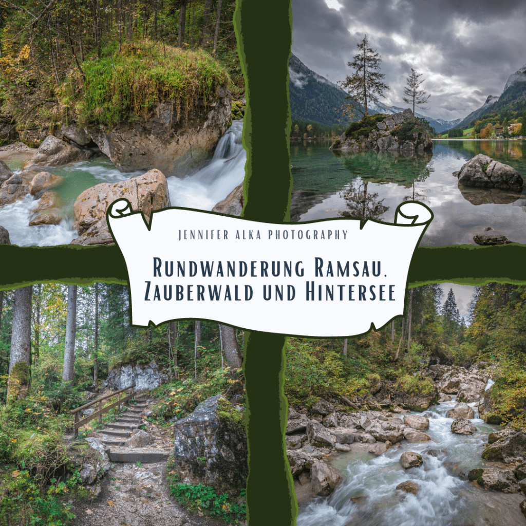 Das Bild zeigt meine Highlights der Rundwanderung Ramsau, Zauberwald und Hintersee. Der Zauberwald mit der Ramsauer Ache, die verschlungenen Wege im Zauberwald und der schönste Ort am Hintersee mit seinen bewachsenen Felsen im Wasser. Highlights Berchtesgaden
