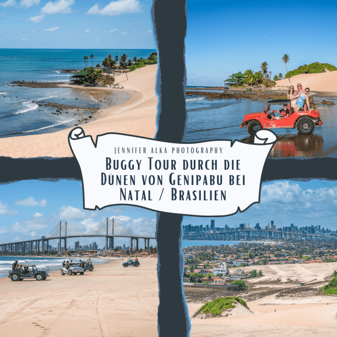Dieses Bild zeigt 4 Einzelaufnahmen von meiner Buggytour durch die Dünen von Genipabu in Brasilien. Bild 1 der Strand von Genipabu. Bild 2 meine Gruppe von der Buggy-Tour. Bild 3 der Strand von Natal mit Aussicht auf die Skyline von Natal. Bild 4 die Aussicht von der Laune Genipabu in Richtung Natal mit Blick auf die Skyline von Natal.
