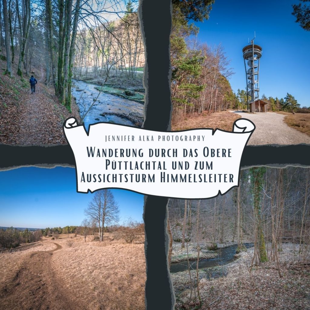 Dieses Bild zeigt 4 Einzelbilder von meiner Wanderung durch das Obere Püttlachtal und zum Aussichtsturm Himmelsleiter in der Fränkischen Schweiz. Bild 1 das Obere Püttlachtal. Bild 2 der Aussichtsturm Himmelsleiter. Bild 3 Wiesen bei Pottenstein. Bild 4 Oberes Püttlachtal.