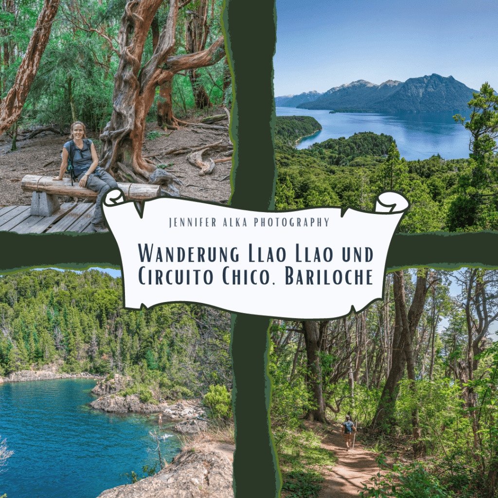Dieses Bild zeigt 4 Einzelbilder von meiner Wanderung bei Llao Llao. Bild 1 der Sendero de Los Arrayanes. Bild 2 die Aussicht vom Mirador Llao Llao. Bild 3 die Playas Tacul und Bild 4 den Wanderweg der gesäumt ist von hohen Bäumen