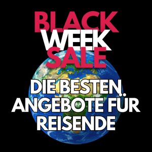 Ultraleichtes Reiseequipment, Rucksack, Technik und praktische Gadgets für Reisende, arrangiert als Flatlay für Black Week Deals.
