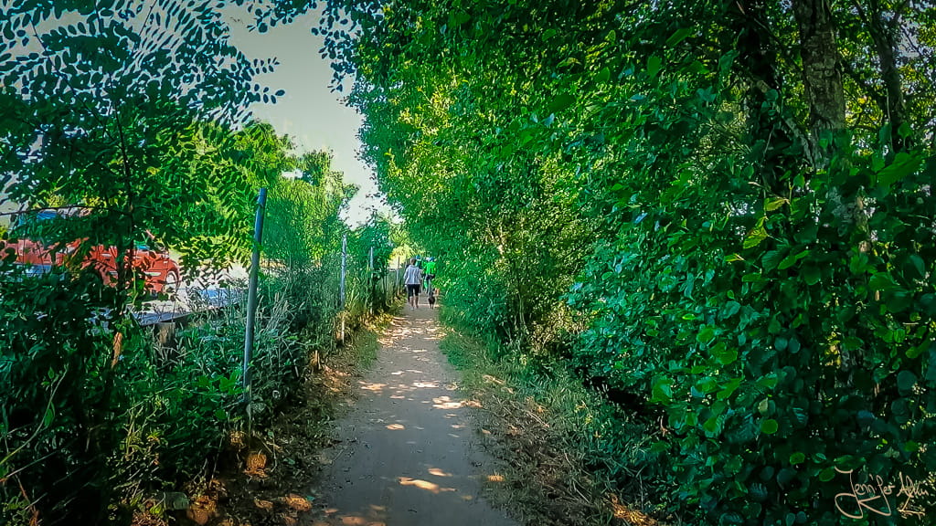 Schmaler Pilgerweg zum Río Umia mit möglicher Gefahr durch Radpilger