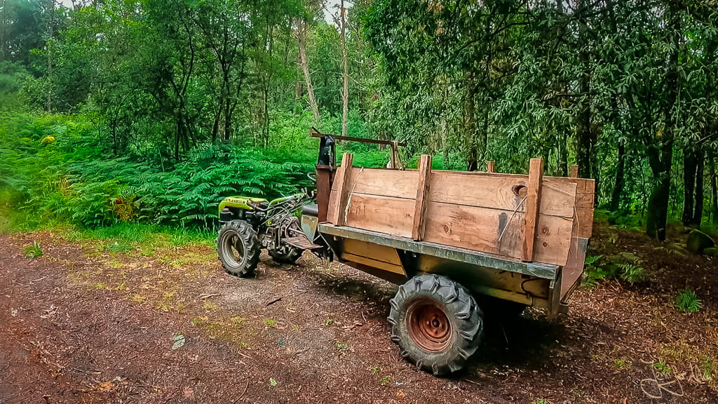 Traktor mit Anhänger am Wegesrand des portugiesischen Jakobswegs, ohne Fahrer.