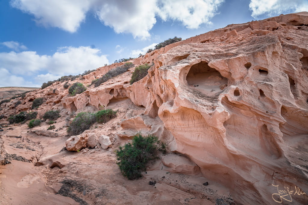 Felsen mit Löchern und grüner Vegetation in der Barranco Encantado