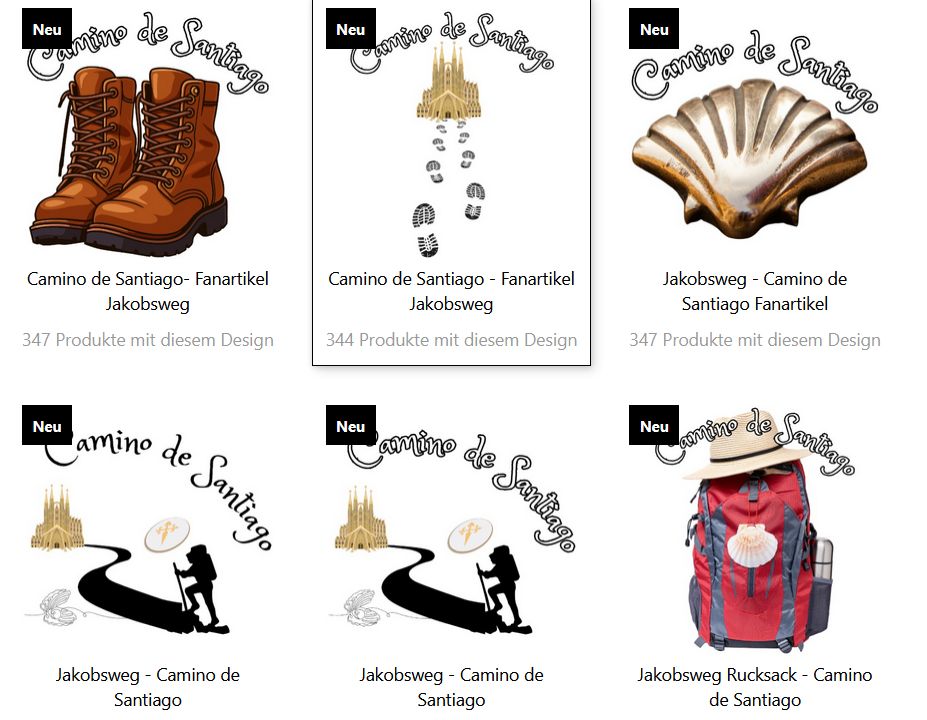 Jakobsweg Fanartikel mit verschiedenen Motiven wie Pilgersymbolen, Zitaten und Camino-Designs auf Kleidung und Accessoires