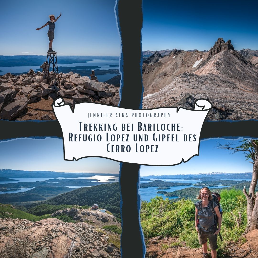 Dieses Bild zeigt 4 Einzelbilder von meiner Wanderung von Bariloche zum Refugio Lopez und zum Cerro Lopez. Bild 1 auf dem Gipfel des Cerro Lopez. Bild 2 Aussicht am Gipfel des Cerro Lopez. Bild 3 Aussicht über die Seenlandschaft des Nahuel Huapi Nationalparks. Bild 4 Jennifer Alka mit den Seen bei Bariloche im Hintergrund