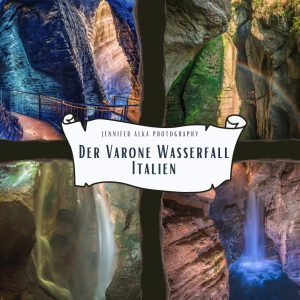 Dieses Bild zeigt 4 Einzelbilder vom Wasserfall Varone am Gardasee in Italien. Bild 1 Metallstege durch die untere Schlucht. Bild 2 Regenbogen am Aussichtspunkt der oberen Schlucht. Bild 3 Wasserfall in der oberen Schlucht. Bild 4 Wasserfall in der unteren Schlucht.