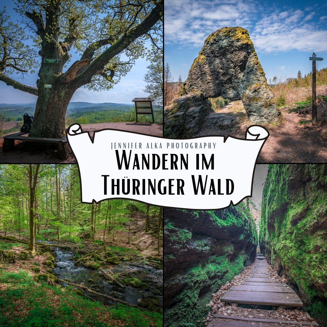 Collage aus vier Landschaftsaufnahmen vom Wandern im Thüringer Wald mit Wäldern, Felsformationen und Aussichtspunkten