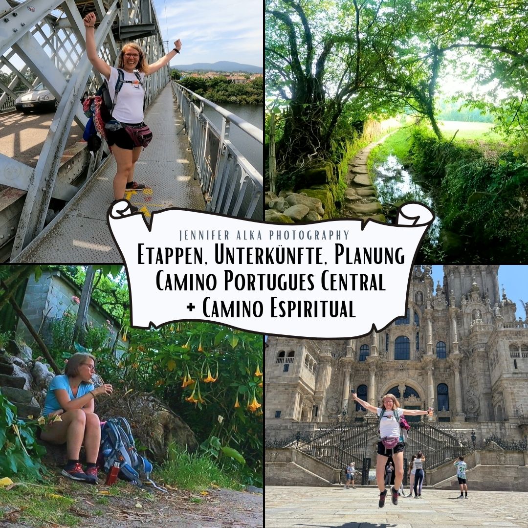 Dies ist das Coverbild für meinen Blogbeitrag: Etappen auf dem Camino Portugues Central + Camino Espiritual inkl. Übernachtungskosten und Etappenplanung Es zeigt mich in verschiedenen Situationen auf dem Jakobsweg. Grenzübergang in Spanien, Matepause auf dem Weg, Ankunft an der Kathedrale von Santiago de Compostela