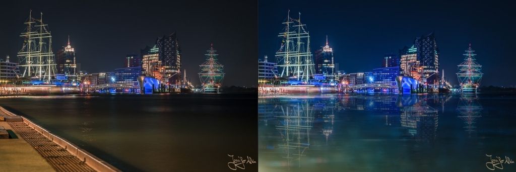 Dieses Bild zeigt ein Vergleichsbild vor und nach der Bildbearbeitung. Gezeigt wird eine Nachtaufnahme der Elbphilharmonie in Hamburg