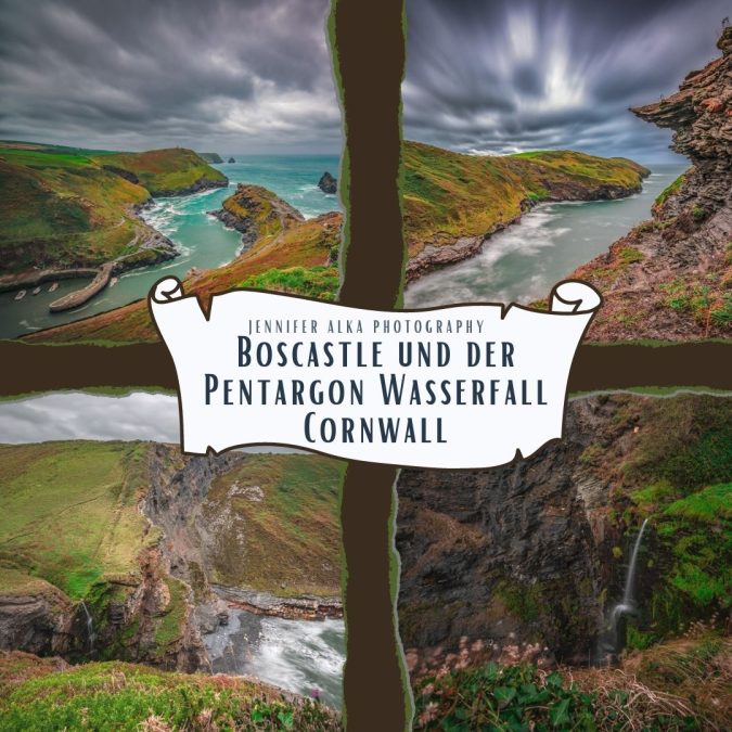Dieses Bild zeigt 4 verschiedene Aufnahmen in der Nähe von Boscastle in Cornwall. Bild 1 Hafen von Boscastle. Bild 2 Bucht in der Nähe vom Pentargon Wasserfall. Bild 3+4 der Pentargon Wasserfall