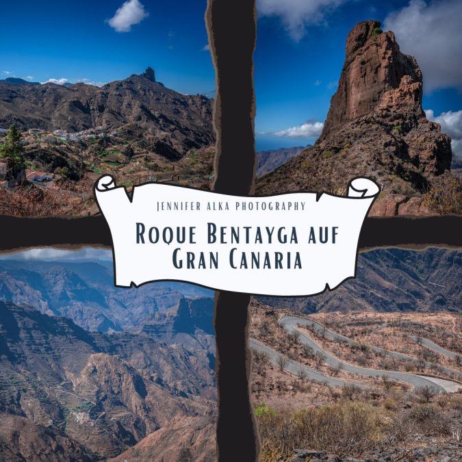 Dieses Bild zeigt 4 Einzelaufnahmen vom Roque Bentayga auf Gran Canaria. Bild 1 Ansicht aus der Ferne. Bild 2 der Gipfel des Roque Bentayga. Bild 3 die Aussicht vom Roque Bentayga. Bild 4 die Serpentinenstraßen auf Gran Canaria.