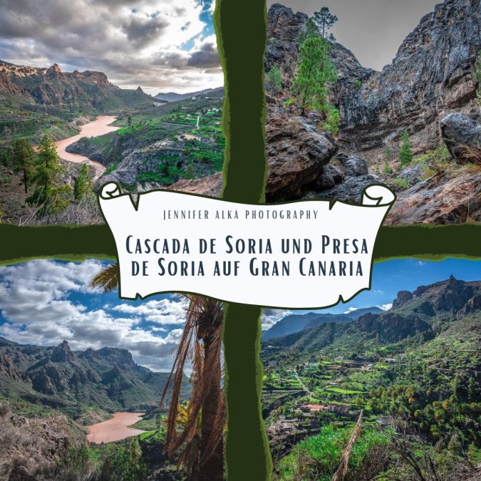 Dieses Bild zeigt 4 Einzelbilder von meinem Ausflug zum Cascada de Soria und Presa de Soria. Bild 1 die Embalse de Soria. Bild 2 der Cascada de Soria. Bild 3 der Presa de Soria. Bild 4 die wunderschön grüne Landschaft.