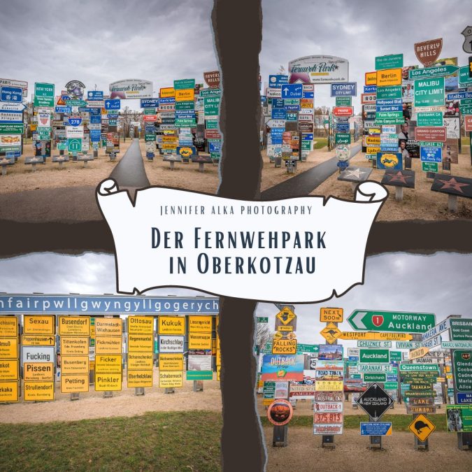 Dieses Bild zeigt 4 Einzelbilder vom Fernwehpark in Oberkotzau bei Hof. Bild 1, 2 und 4 zeigen die verschiedenen Ortstafeln und Ortsschilder. Bild 3 zeigt die kuriosesten Ortsnamen.