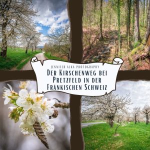 Dieses Bild zeigt 4 Einzelbilder vom Kirschenweg bei Pretzfeld in der Fränkischen Schweiz. Bild 1 von Kirschbäumen gesäumter Wanderweg. Bild 2 die Sinterstufen am Weißenbach. Bild 3 Makroaufnahme der Kirschblüte. Bild 4 die Kirschgärten bei Pretzfeld