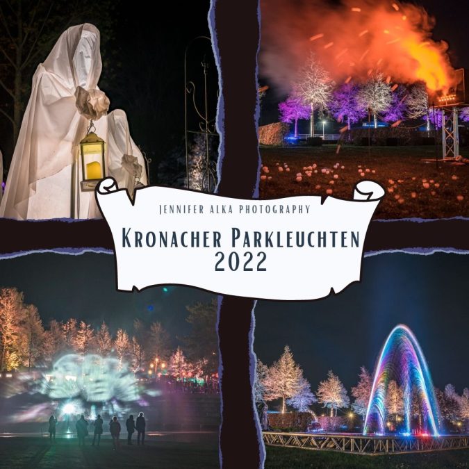 Dieses Bild zeigt 4 Nachtaufnahmen vom Kronacher Parkleuchtet. Bild 1 beleuchtete Nonnen. Bild 2 mit Rauch gefüllte Seifenblasen. Bild 3 Lichtprojektion auf Wasserschild. Bild 4 Springbrunnen.