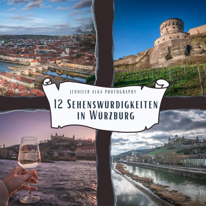 Dieses Bild zeigt 4 Einzelbilder von Würzburg. Bild 1 Aussicht von der Festung Marienberg auf die Altstadt. Bild 2 Maschikuliturm. Bild 3 Brückenschoppen an der Mainpromenade. Bild 4 Aussicht auf die Festung Marienberg von der Alten Mainbrücke