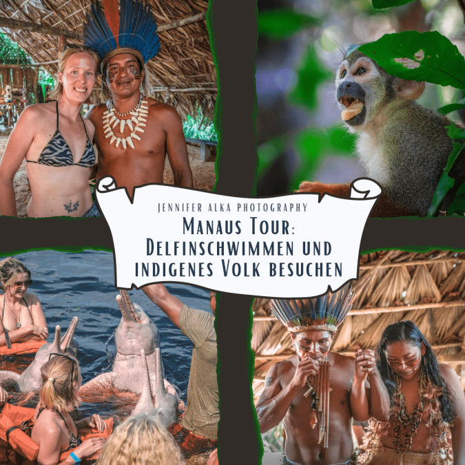 Dieses Bild zeigt 4 Aufnahmen von meiner Manaus Tour. Bild 1 ich mit einem Mann aus dem indigenen Volk. Bild 2 ein Affe im Dschungel. Bild 3 ich beim Schwimmen mit den rosa Flussdelfinen. Bild 4 das Indigene Volk spielt Musik für uns.