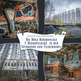 Dieses Bild zeigt 4 Einzelbilder der Duga Radaranlage (Woodpecker) in der Sperrzone von Tschernobyl. Bild 1 in den Gebäuden. Bild zwei und drei die Duga Radaranlage. Bild 4 der Kontrollraum.